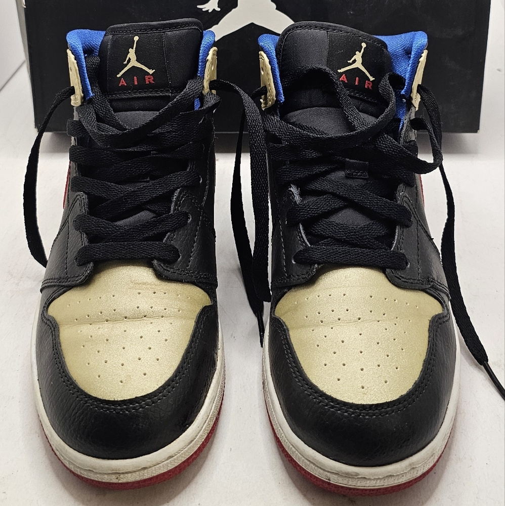 Nike Air Jordan 1 Mid Black Gold Red Boys Athletic Shoes Size 5.5Y